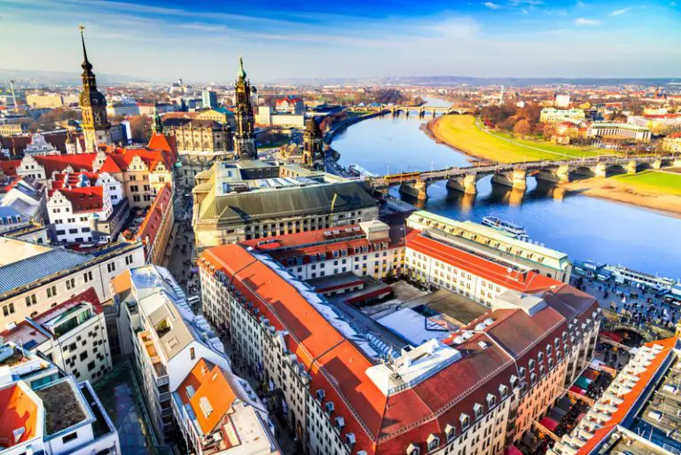 Aerial view from Frauenkirche with Hofkirche and Augustus Bridge