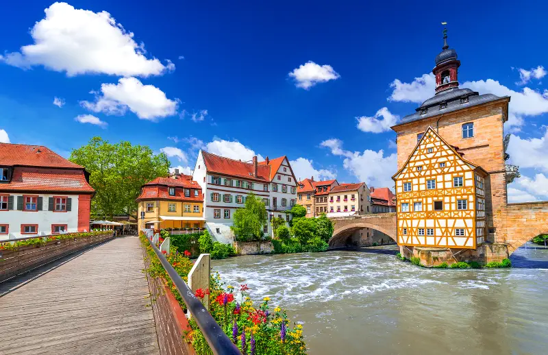 Bamberg Old Town Hall and bridges over Regnitz River