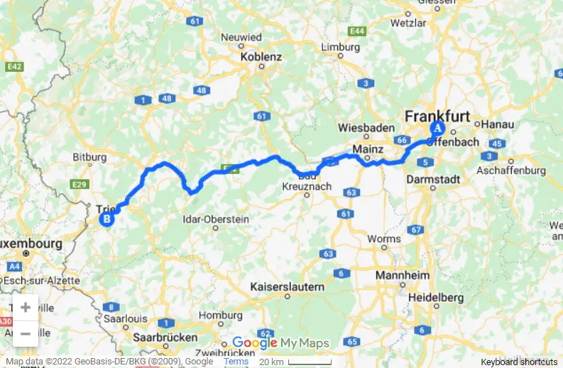 Frankfurt to Trier map
