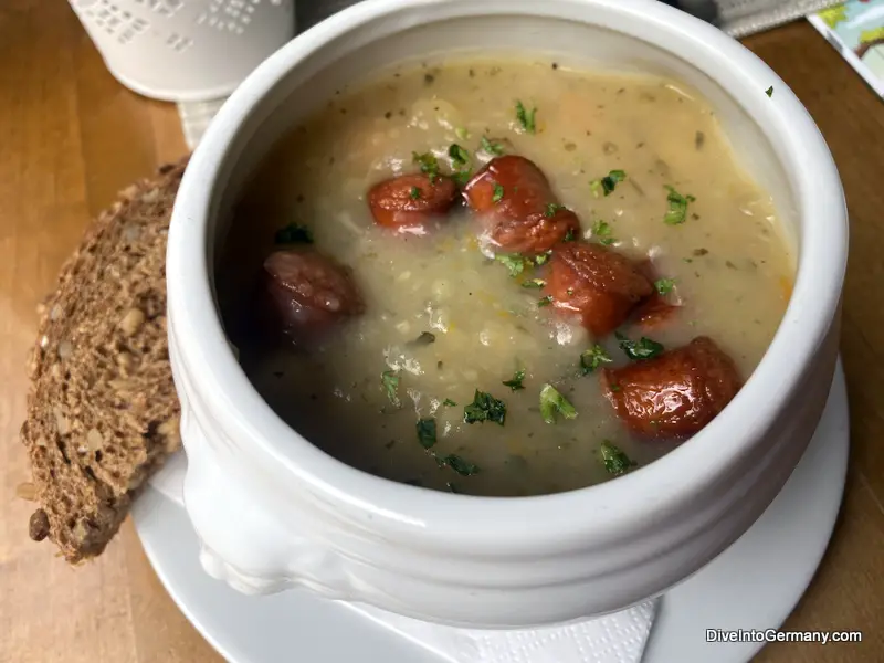 Yummy potato soup with sausage on the top at Lerchennest